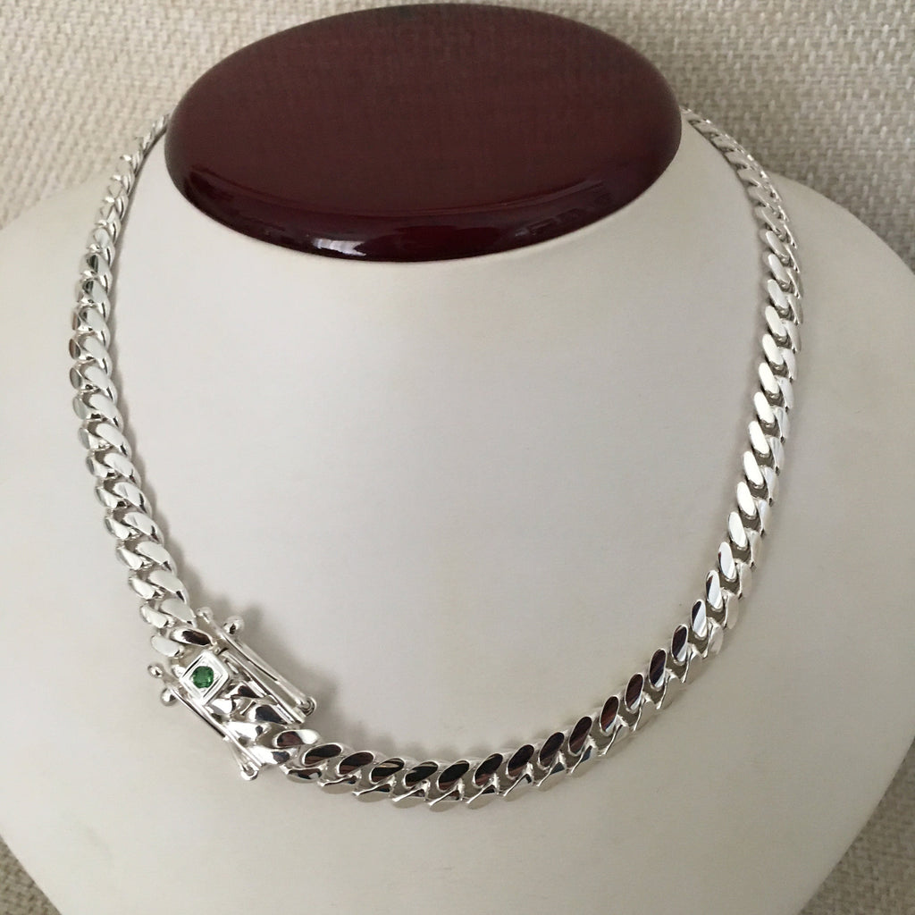 8mm silver Cuban link with emerald