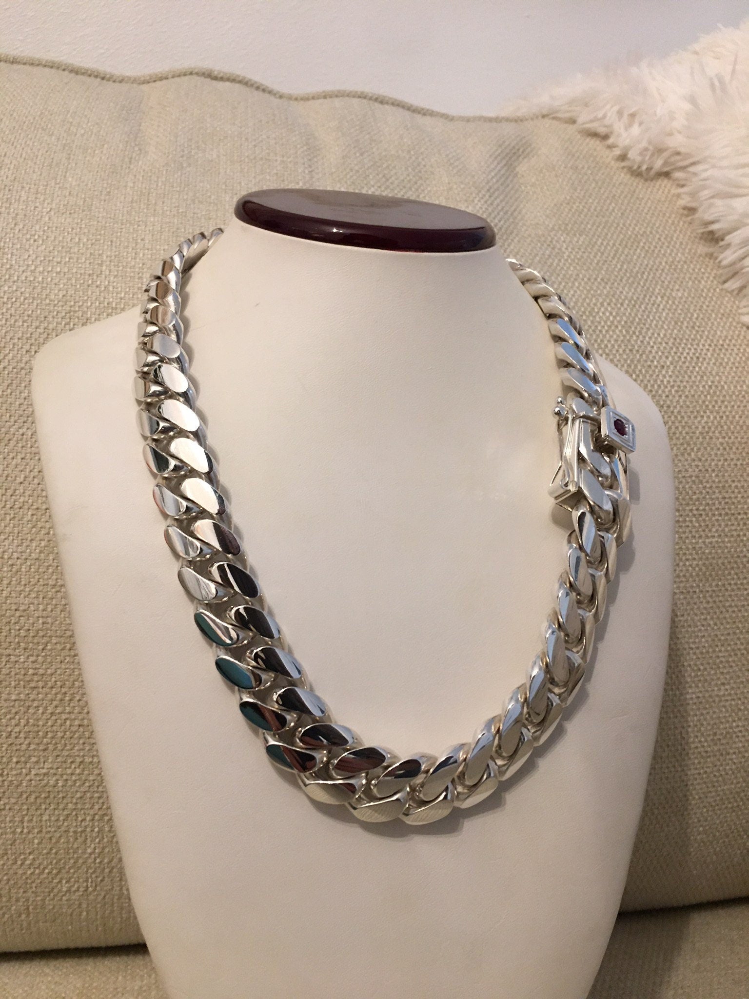 19mm silver Cuban link with ruby
