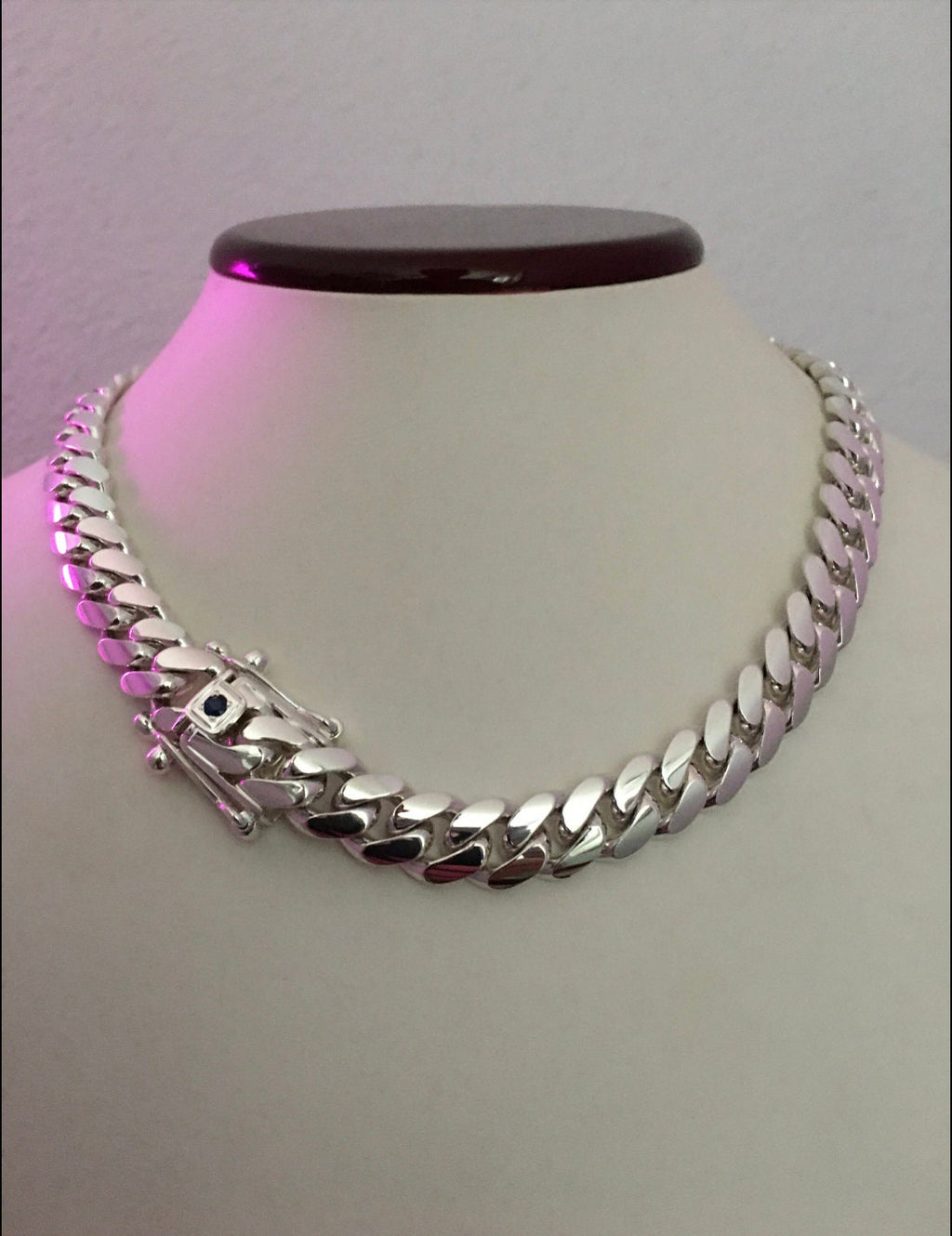11mm silver Cuban link with sapphire