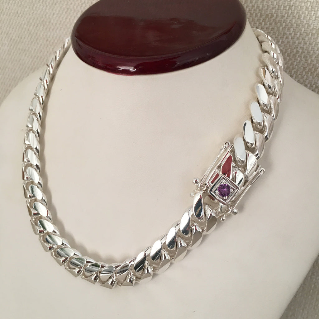 14mm silver Cuban link with amethyst